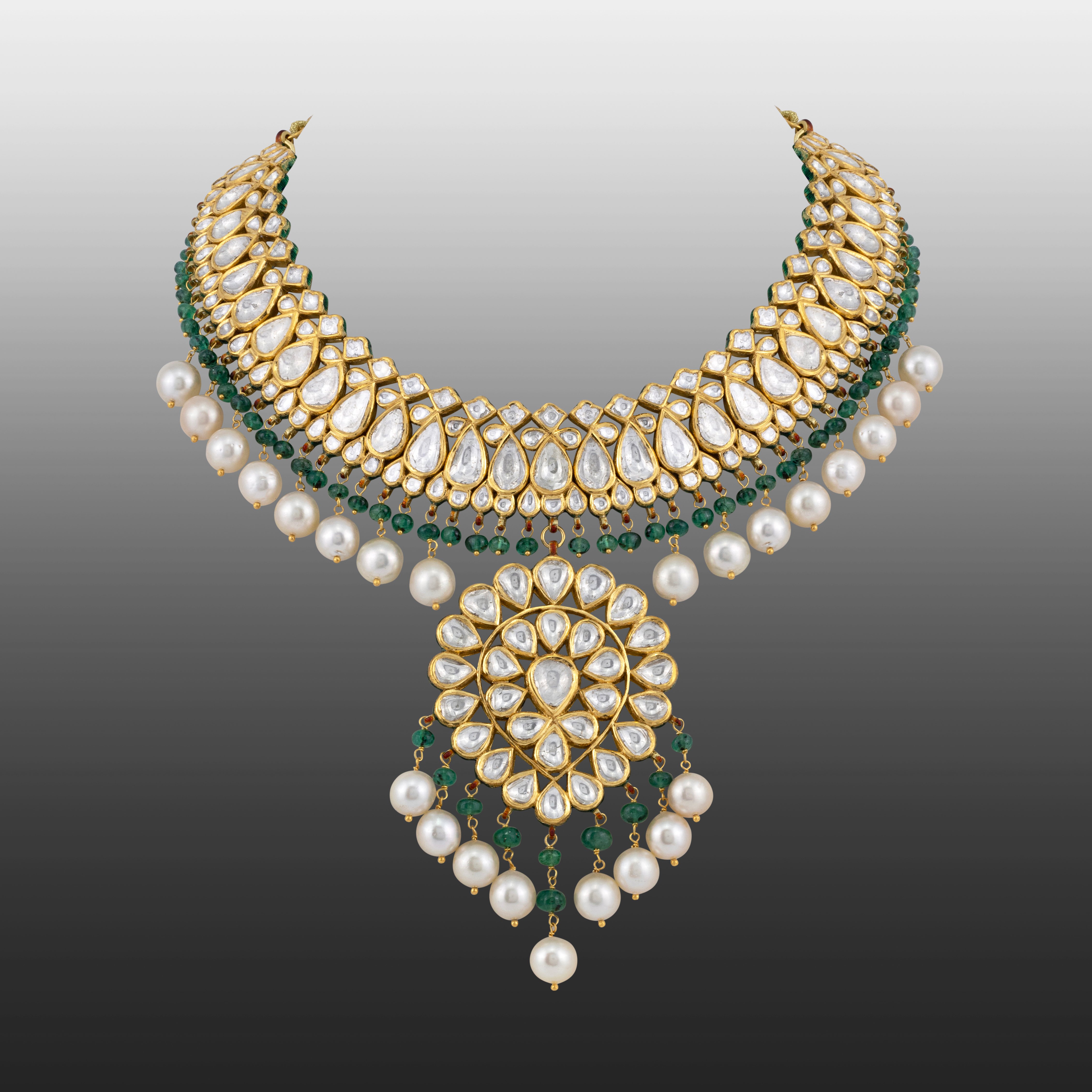 Polki and Pearl Choker Necklace with Emerald Accents